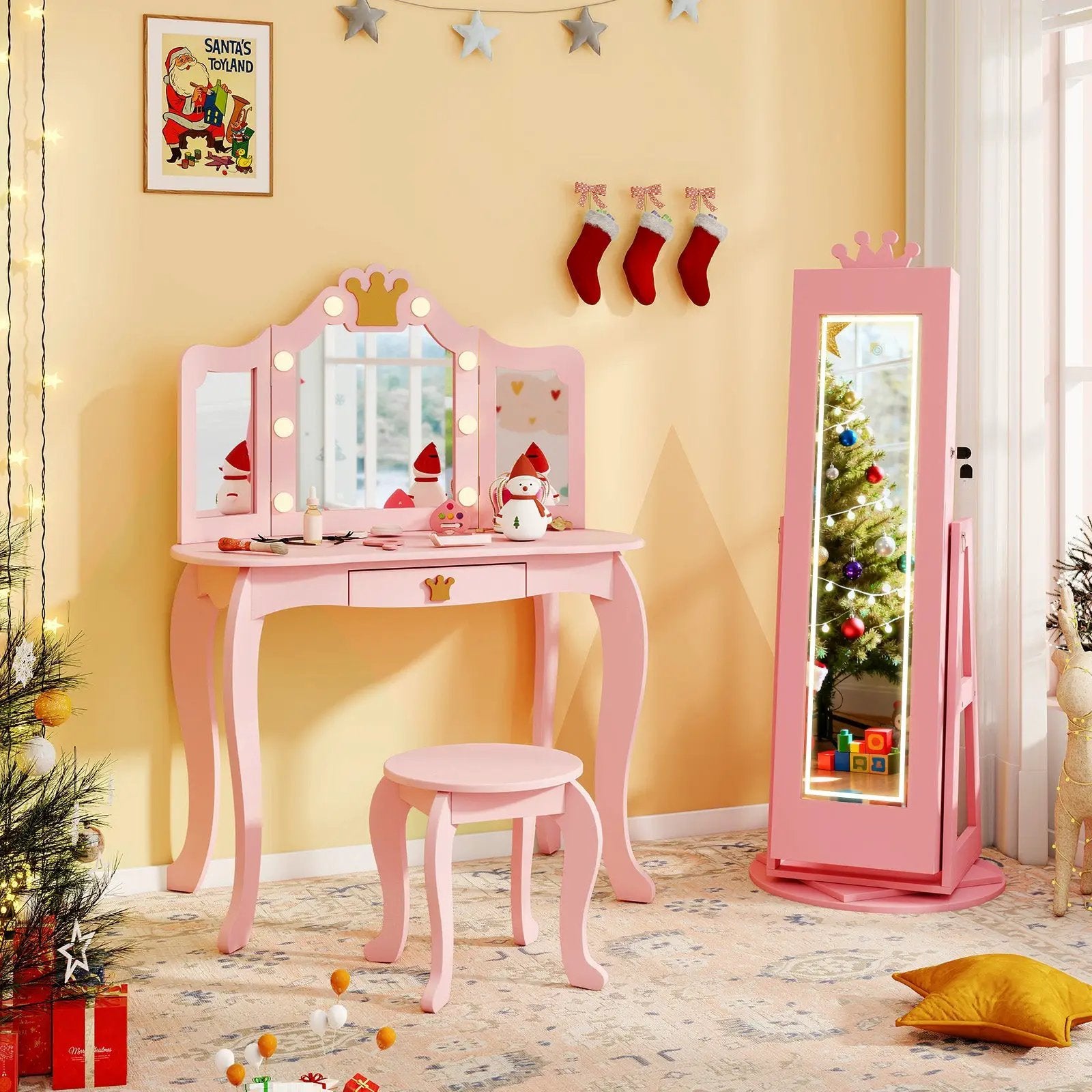 3 In 1 Kids Jewelry Cabinet with 3-Color Lighted Full Length Mirror and Internal Mirror by DirectDeals