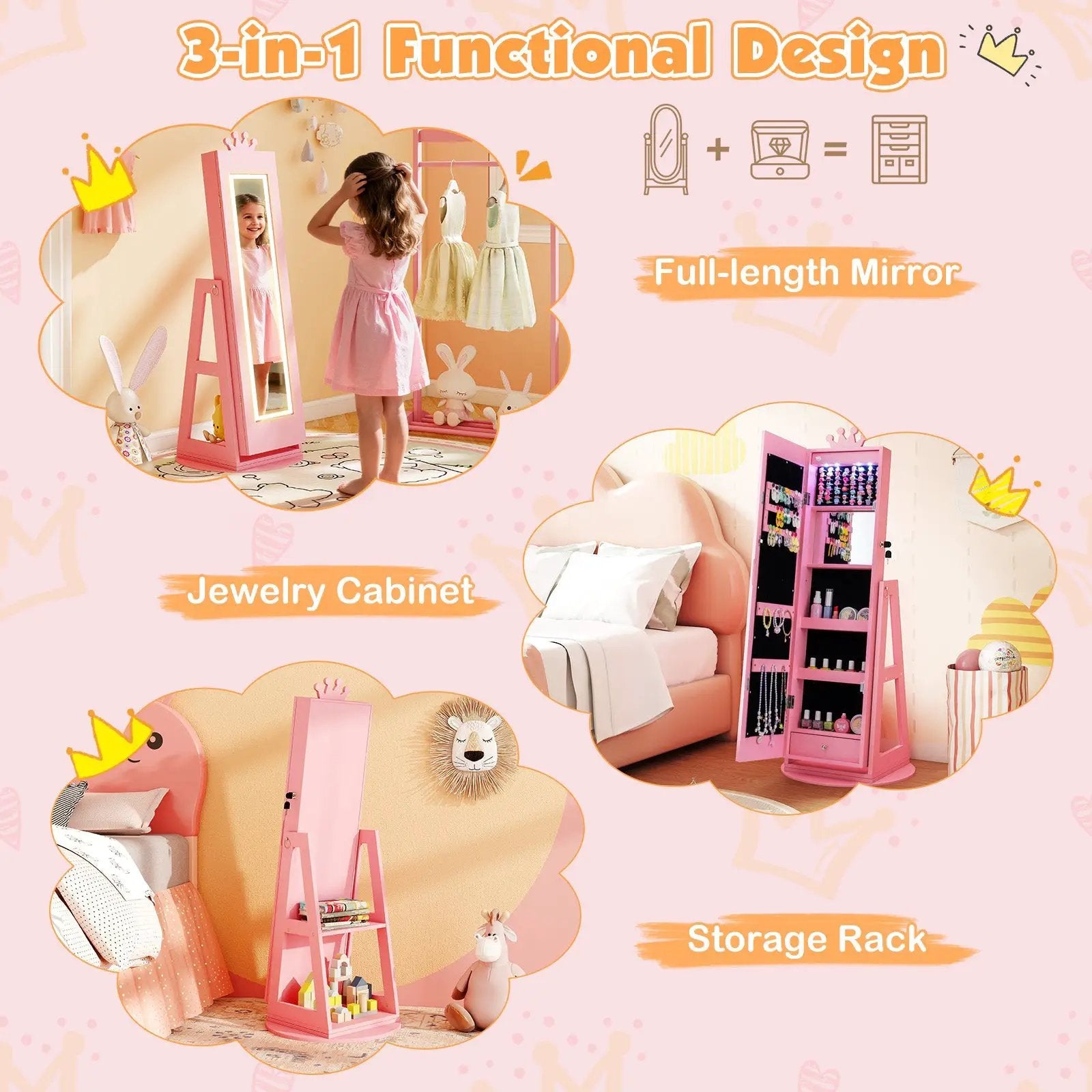 3 In 1 Kids Jewelry Cabinet with 3-Color Lighted Full Length Mirror and Internal Mirror by DirectDeals
