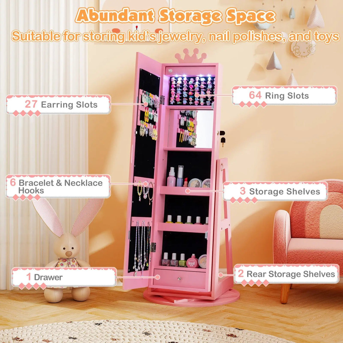 3 In 1 Kids Jewelry Cabinet with 3-Color Lighted Full Length Mirror and Internal Mirror by DirectDeals