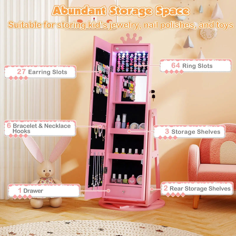 3 In 1 Kids Jewelry Cabinet with 3-Color Lighted Full Length Mirror and Internal Mirror by DirectDeals