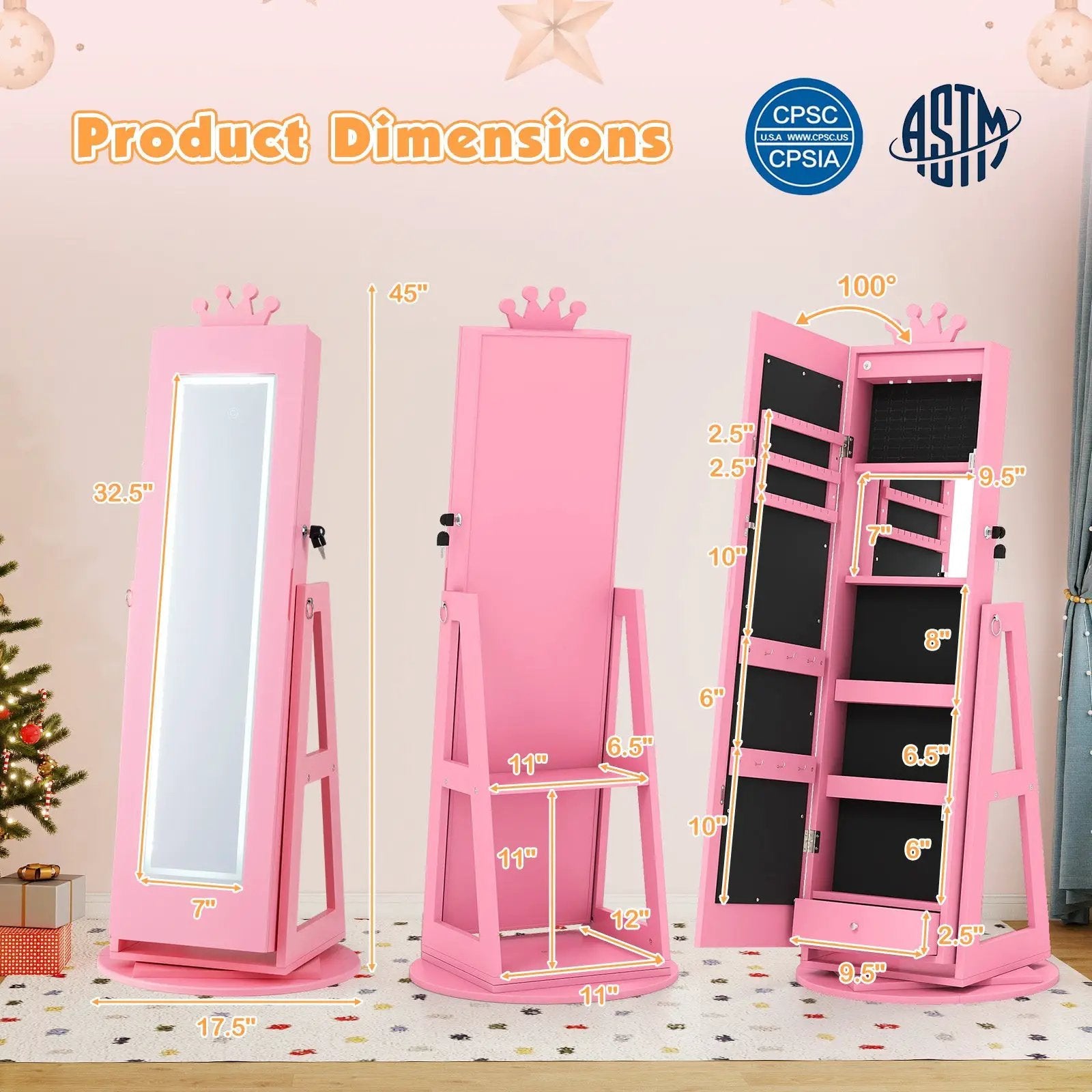 3 In 1 Kids Jewelry Cabinet with 3-Color Lighted Full Length Mirror and Internal Mirror by DirectDeals
