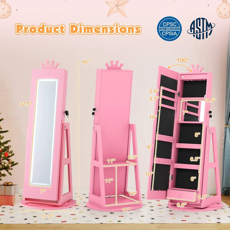 3 In 1 Kids Jewelry Cabinet with 3-Color Lighted Full Length Mirror and Internal Mirror by DirectDeals