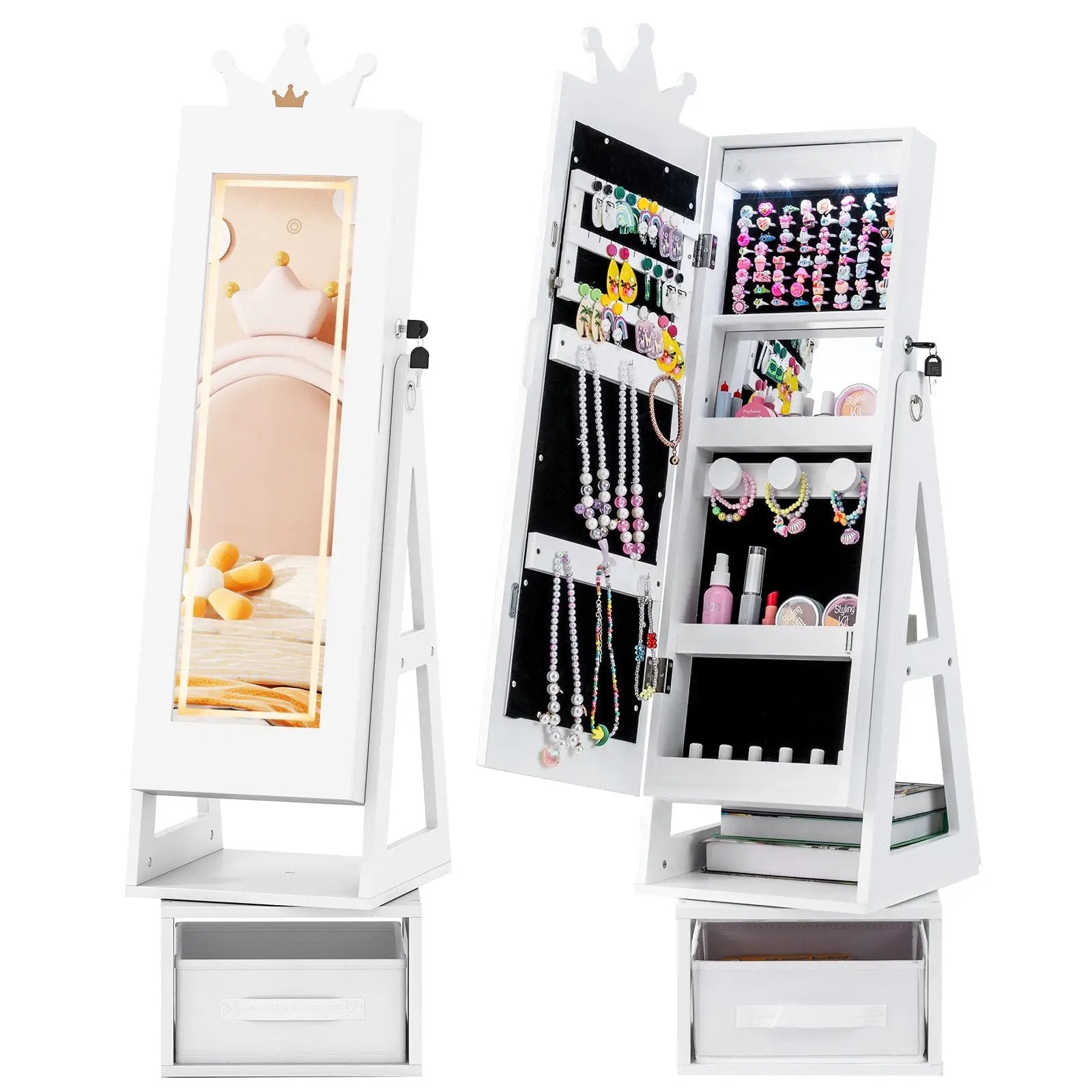 3 In 1 Kids Jewelry Cabinet with 3-Color Lighted Full Length Mirror by DirectDeals