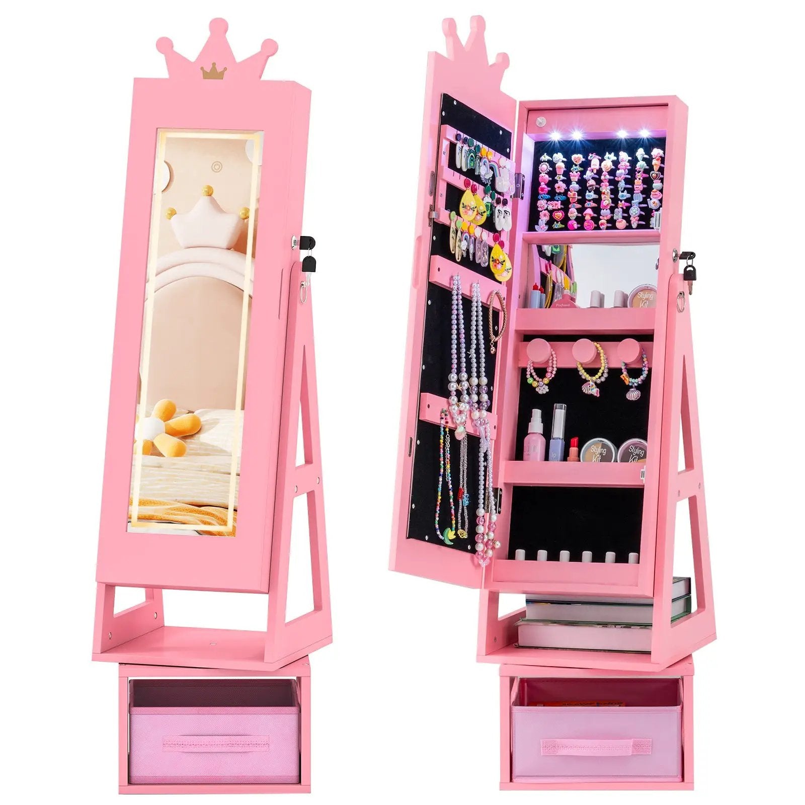 3 In 1 Kids Jewelry Cabinet with 3-Color Lighted Full Length Mirror by DirectDeals