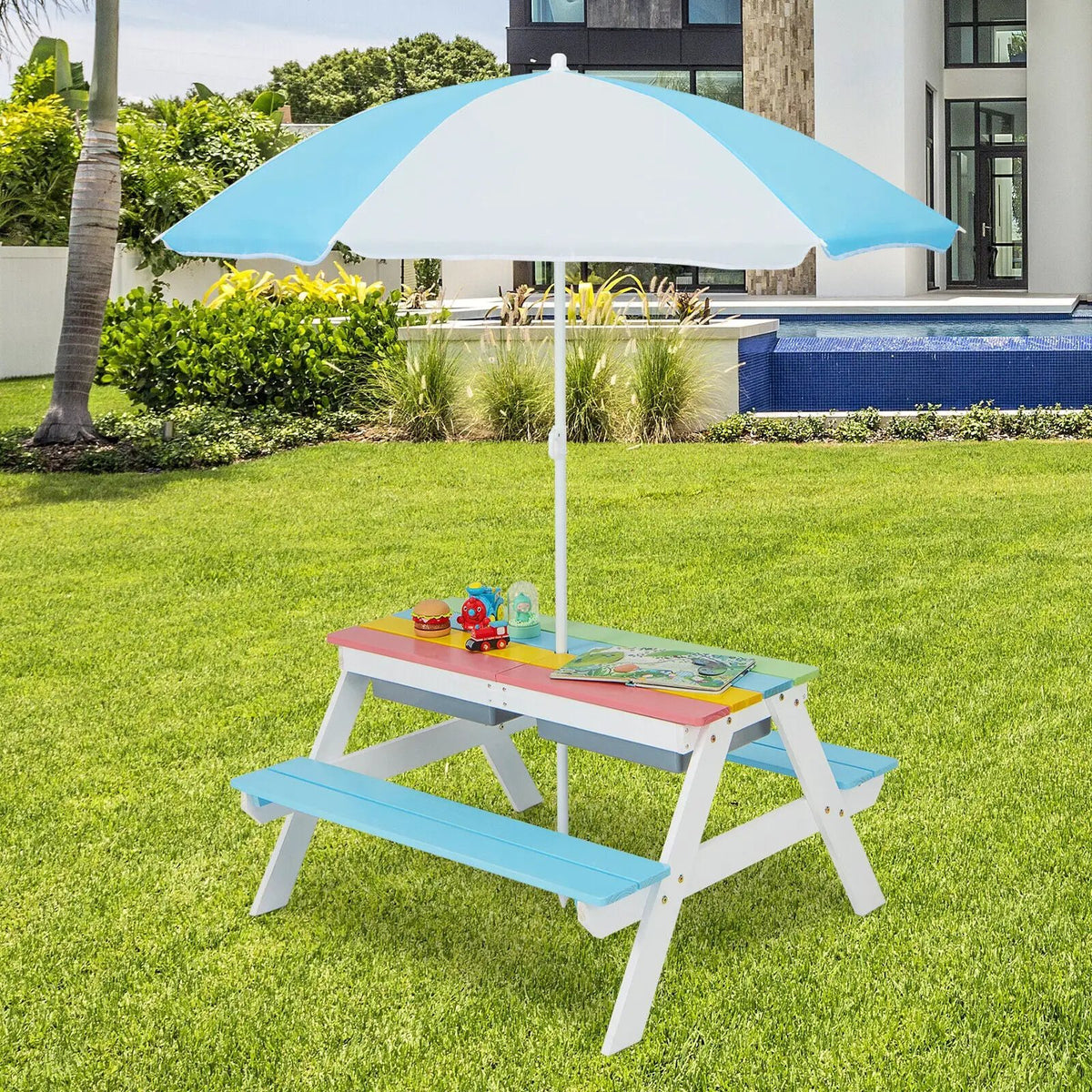 3-in-1 Kids Outdoor Picnic Water Sand Table with by DirectDeals