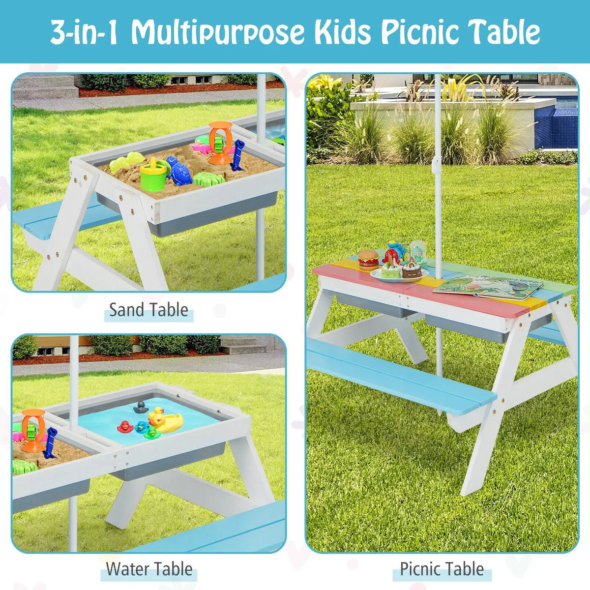 3-in-1 Kids Outdoor Picnic Water Sand Table with by DirectDeals
