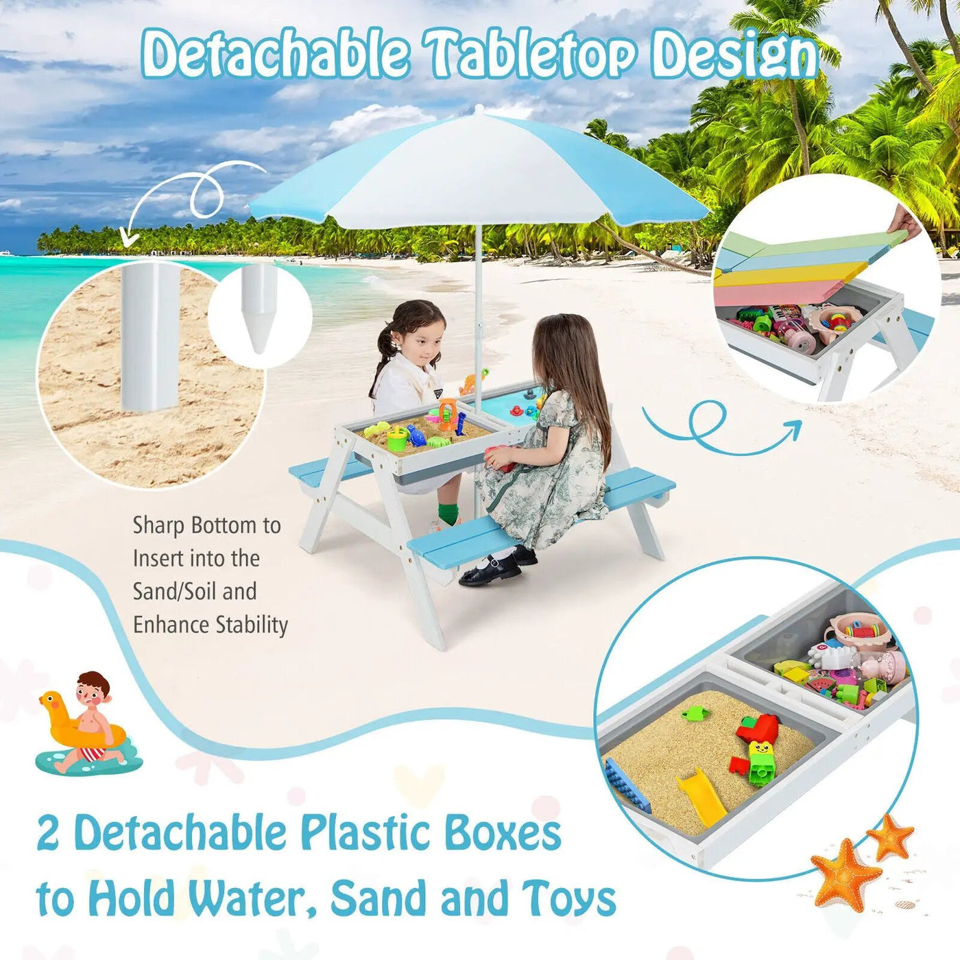 3-in-1 Kids Outdoor Picnic Water Sand Table with by DirectDeals