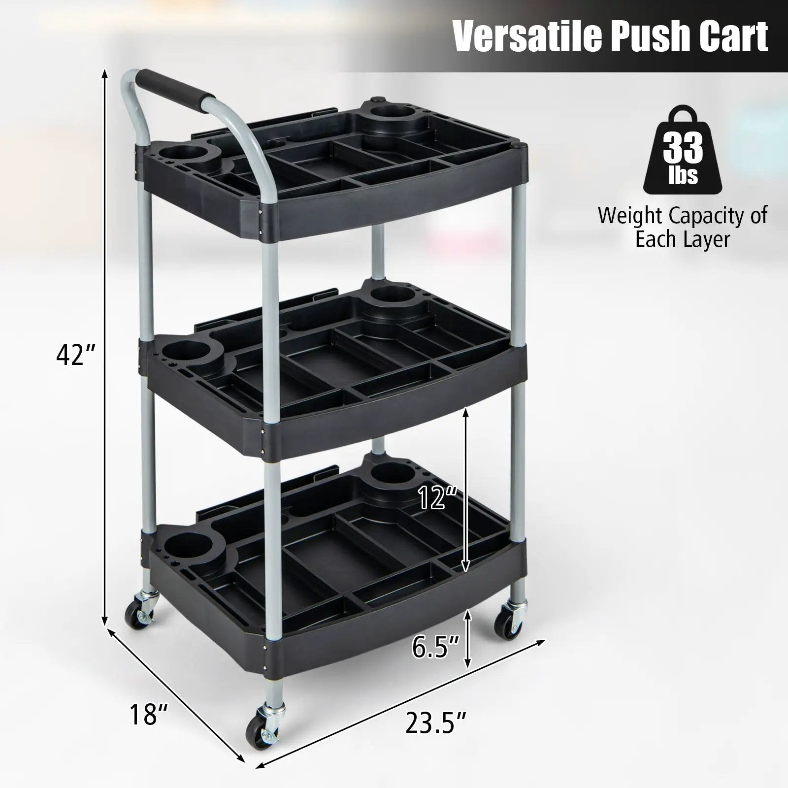 3 Layer Detailing Tool Utility Cart Tool Organizer Mobile Rolling Cart with Multiple Divider-Black by DirectDeals