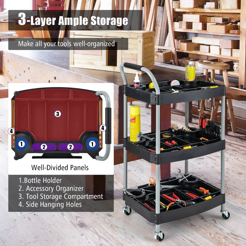 3 Layer Detailing Tool Utility Cart Tool Organizer Mobile Rolling Cart with Multiple Divider-Black by DirectDeals