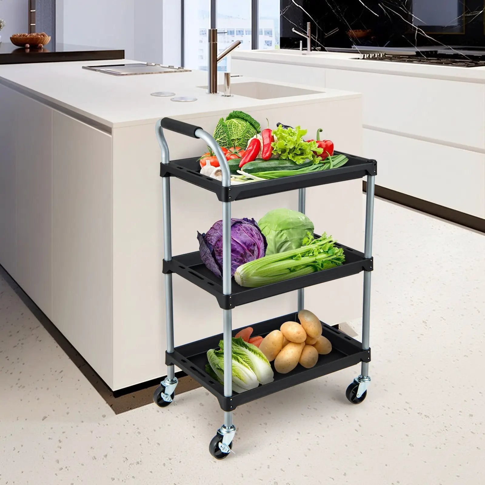 3 Layer Tool Cart with PP Shelves Sponged Handle and Swivel Wheel-Black by DirectDeals