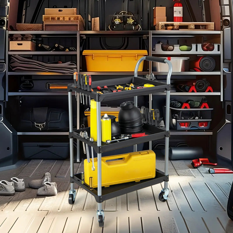 3 Layer Tool Cart with PP Shelves Sponged Handle and Swivel Wheel-Black by DirectDeals