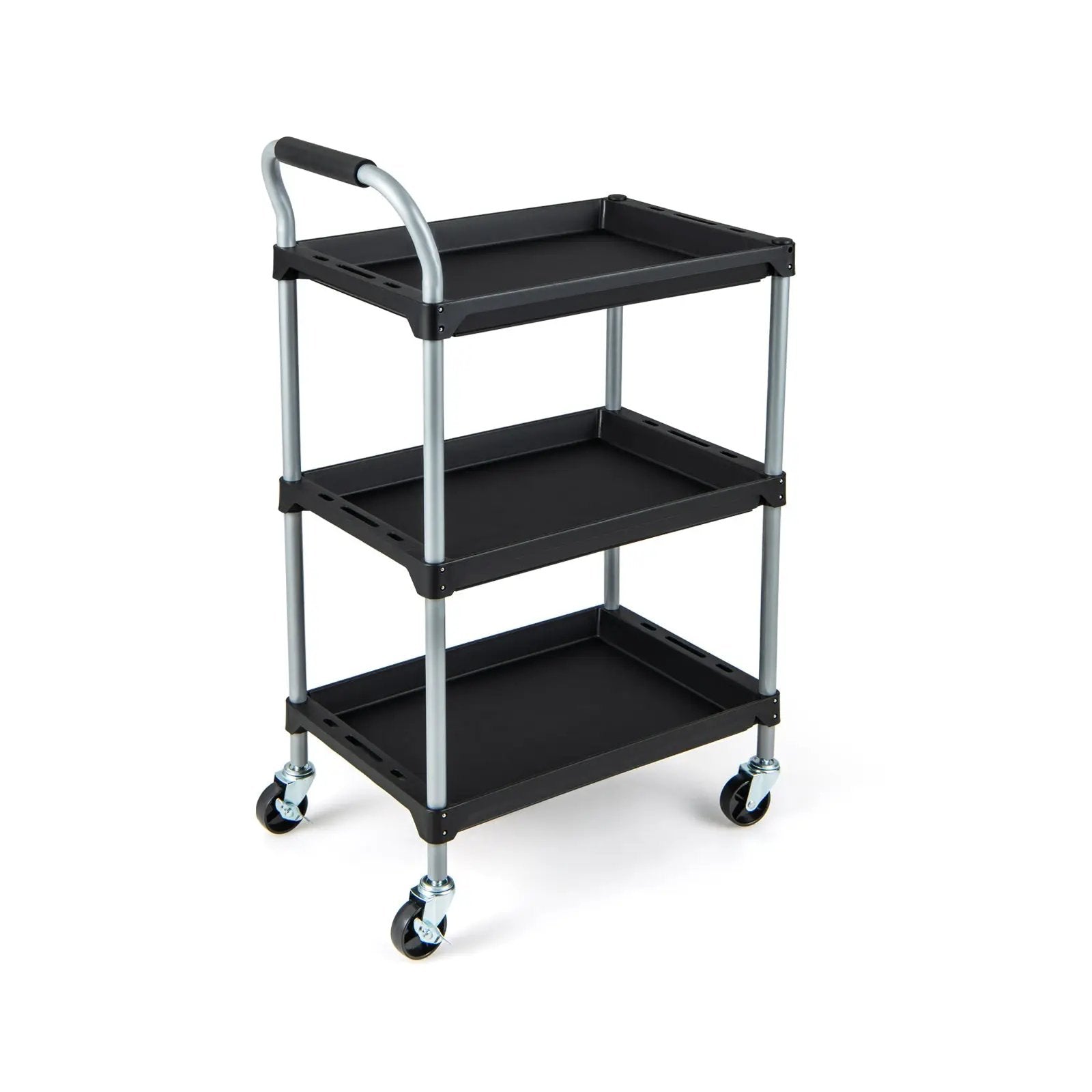 3 Layer Tool Cart with PP Shelves Sponged Handle and Swivel Wheel-Black by DirectDeals