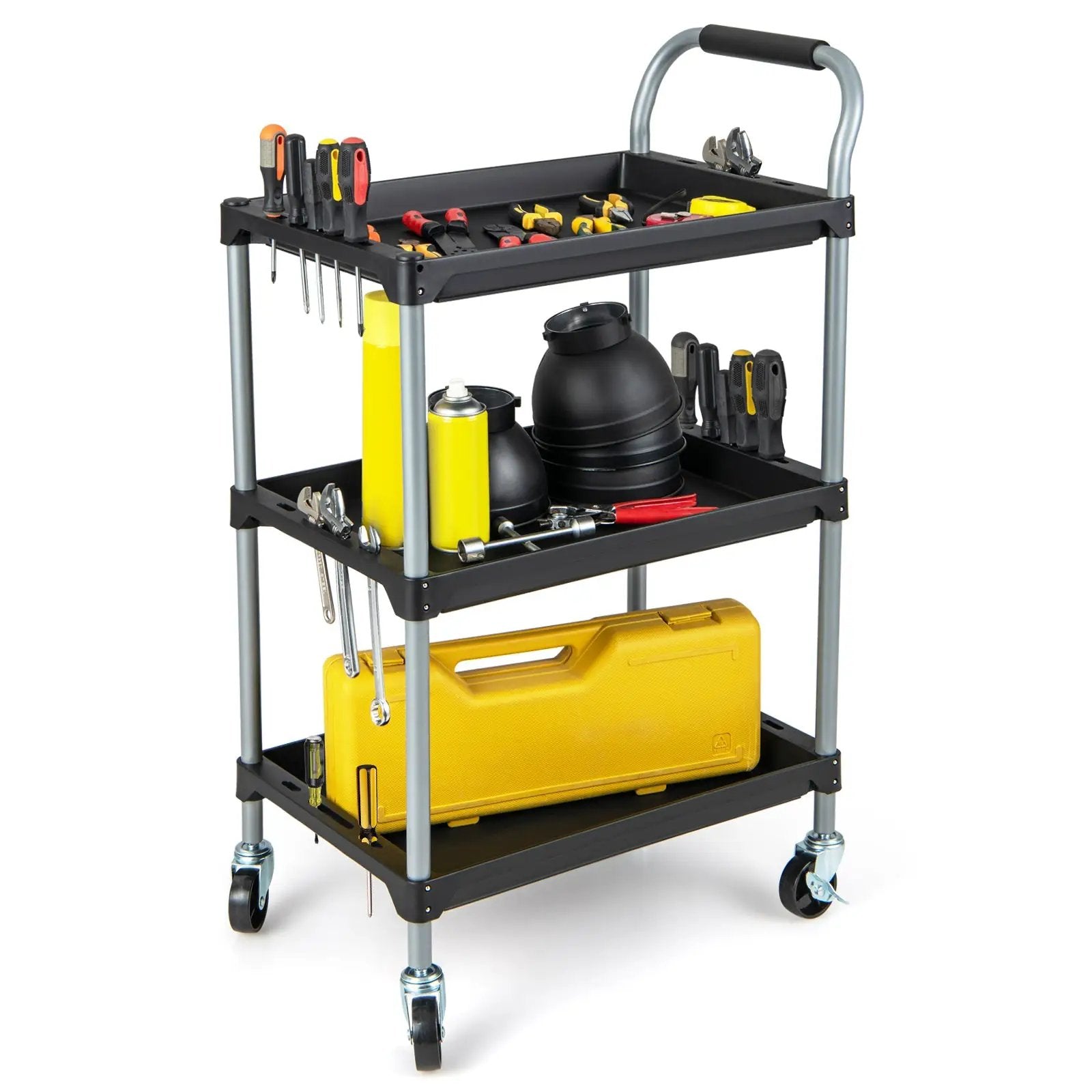3 Layer Tool Cart with PP Shelves Sponged Handle and Swivel Wheel-Black by DirectDeals