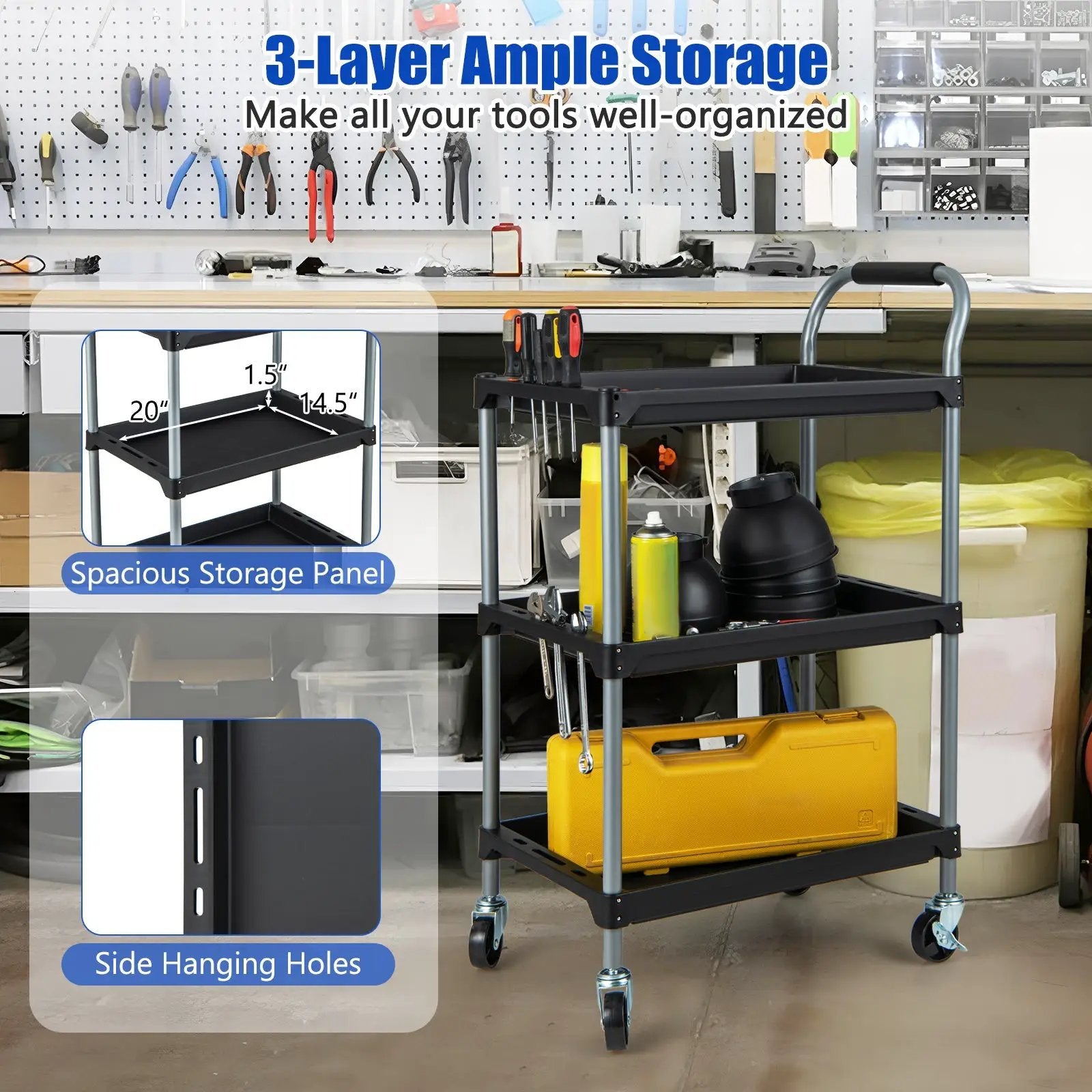 3 Layer Tool Cart with PP Shelves Sponged Handle and Swivel Wheel-Black by DirectDeals