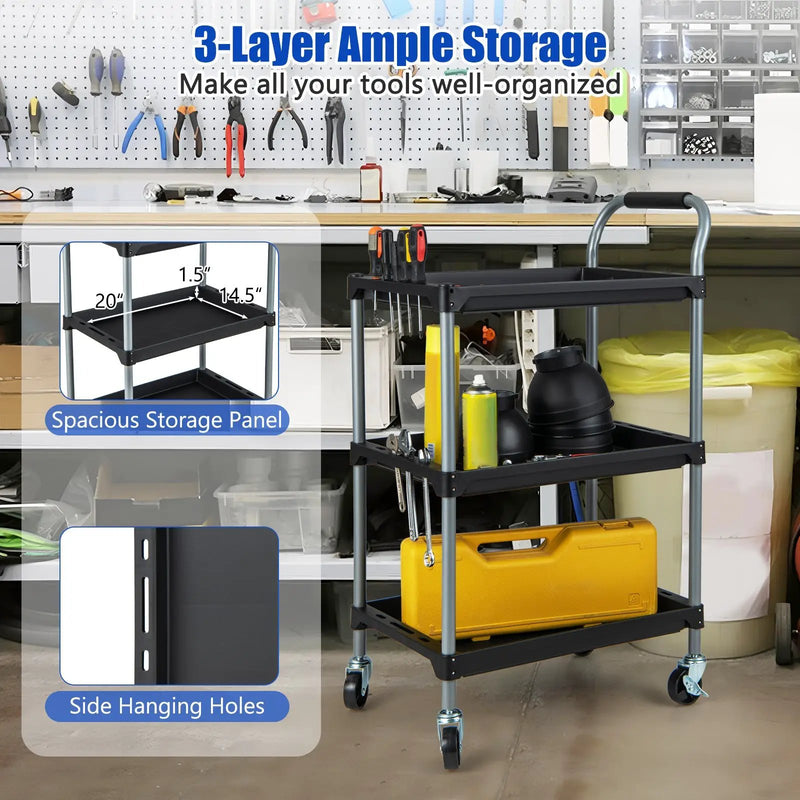 3 Layer Tool Cart with PP Shelves Sponged Handle and Swivel Wheel-Black by DirectDeals