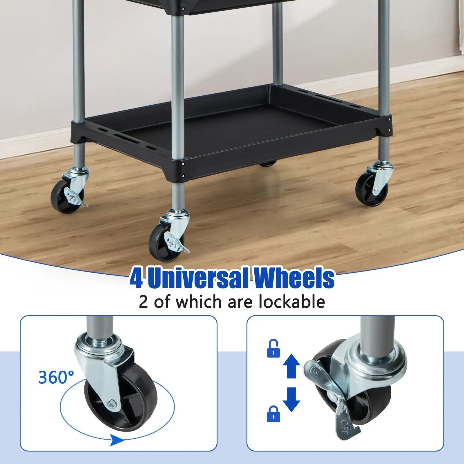 3 Layer Tool Cart with PP Shelves Sponged Handle and Swivel Wheel-Black by DirectDeals