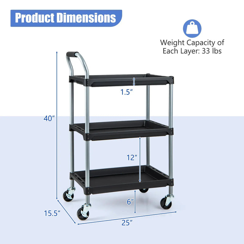 3 Layer Tool Cart with PP Shelves Sponged Handle and Swivel Wheel-Black by DirectDeals