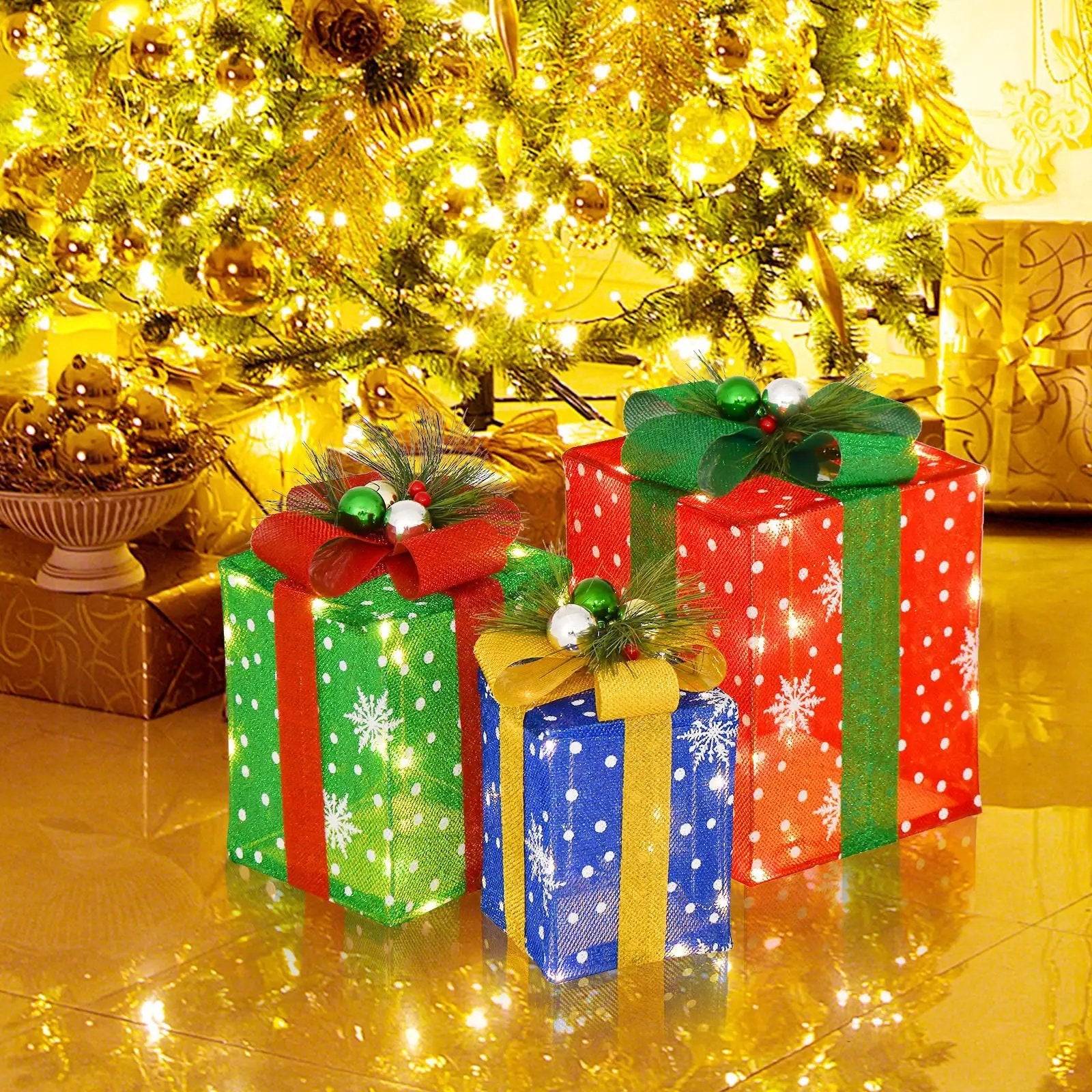 3 PCS Christmas Lighted Gift Boxes Set Decoration with 52 Pre-lit LED Lights by DirectDeals