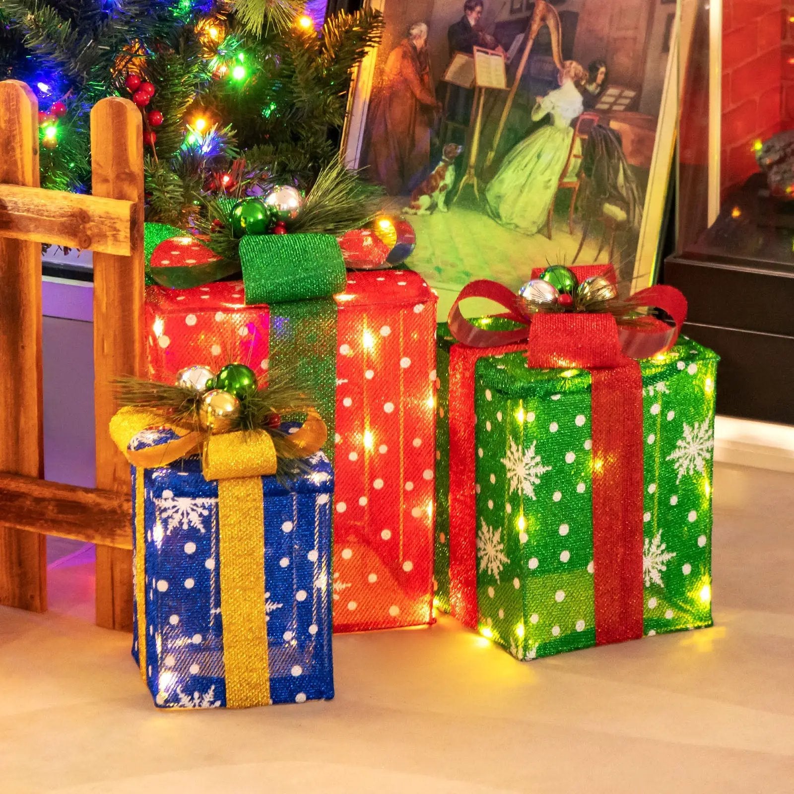 3 PCS Christmas Lighted Gift Boxes Set Decoration with 52 Pre-lit LED Lights by DirectDeals