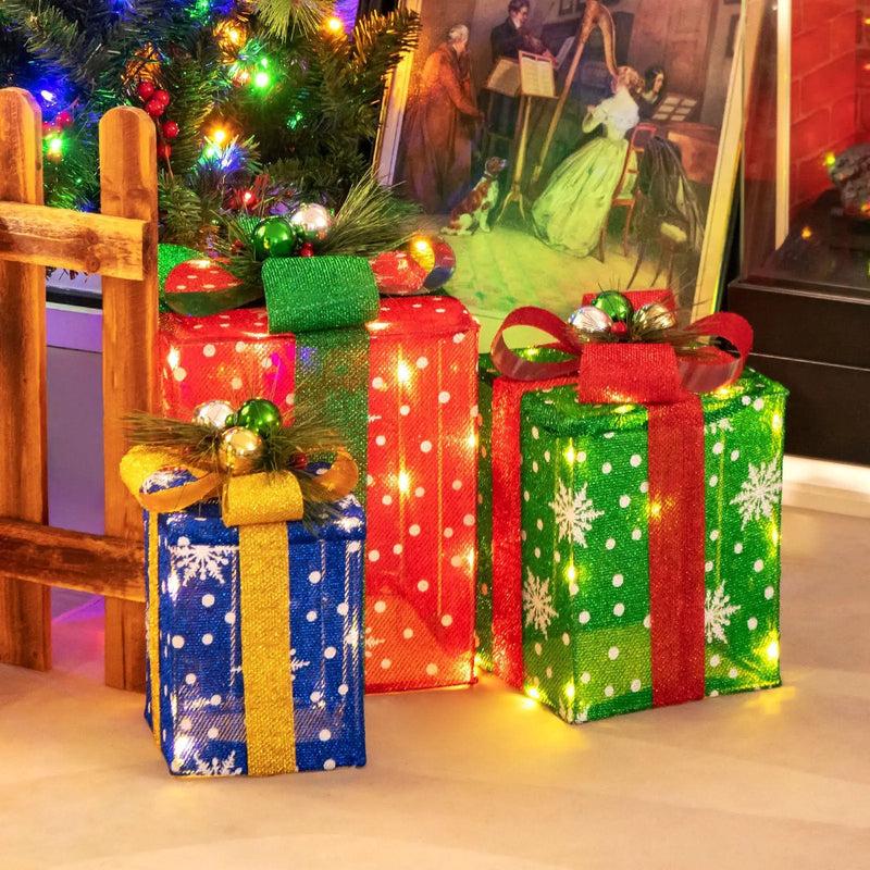 3 PCS Christmas Lighted Gift Boxes Set Decoration with 52 Pre-lit LED Lights by DirectDeals