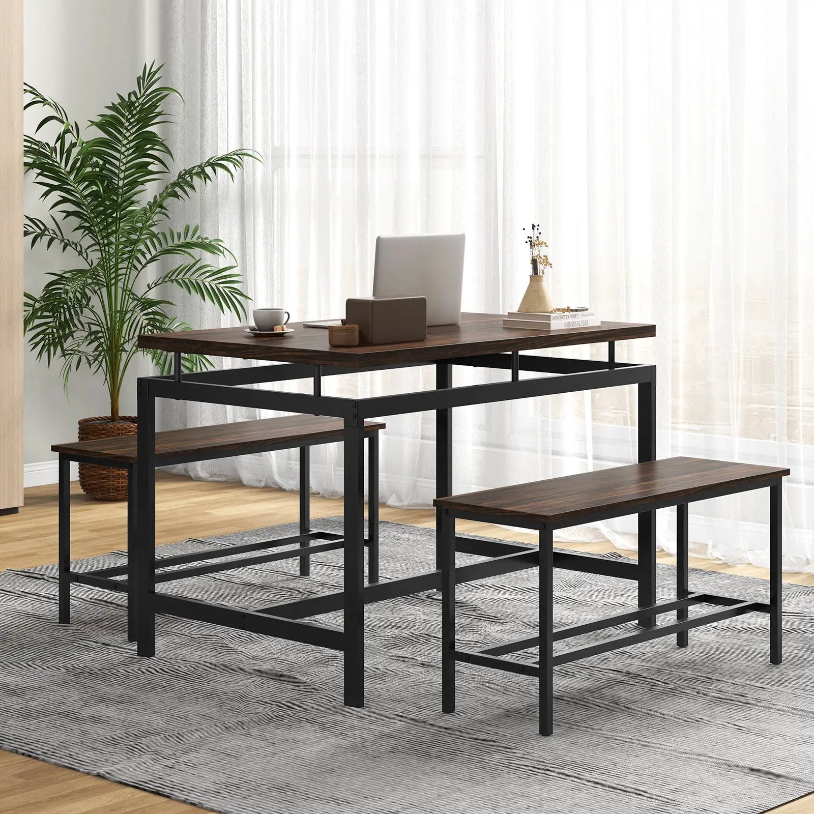 3 Pieces Dining Table Set with Wooden Kitchen Table and 2 Benches-Brown by DirectDeals