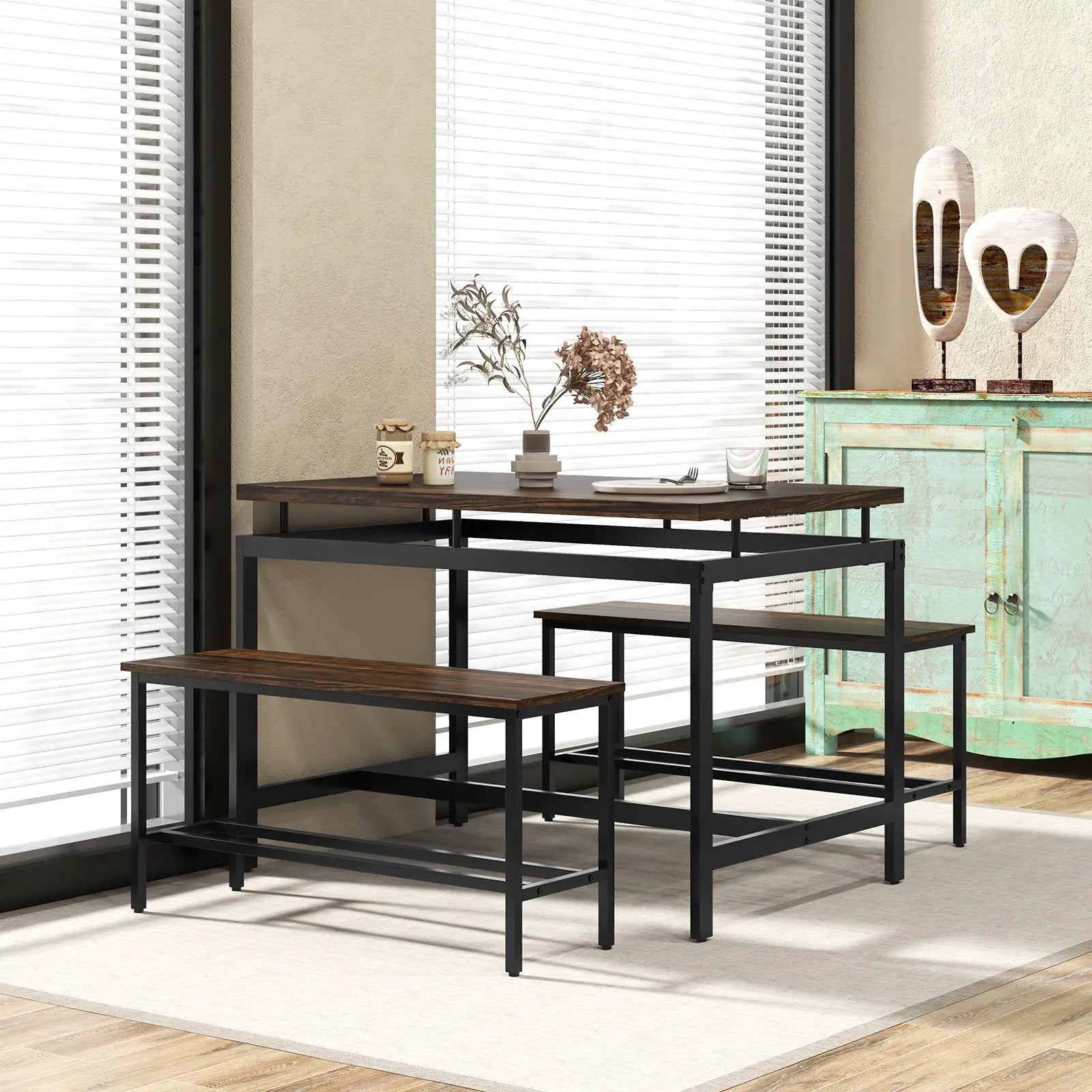 3 Pieces Dining Table Set with Wooden Kitchen Table and 2 Benches-Brown by DirectDeals