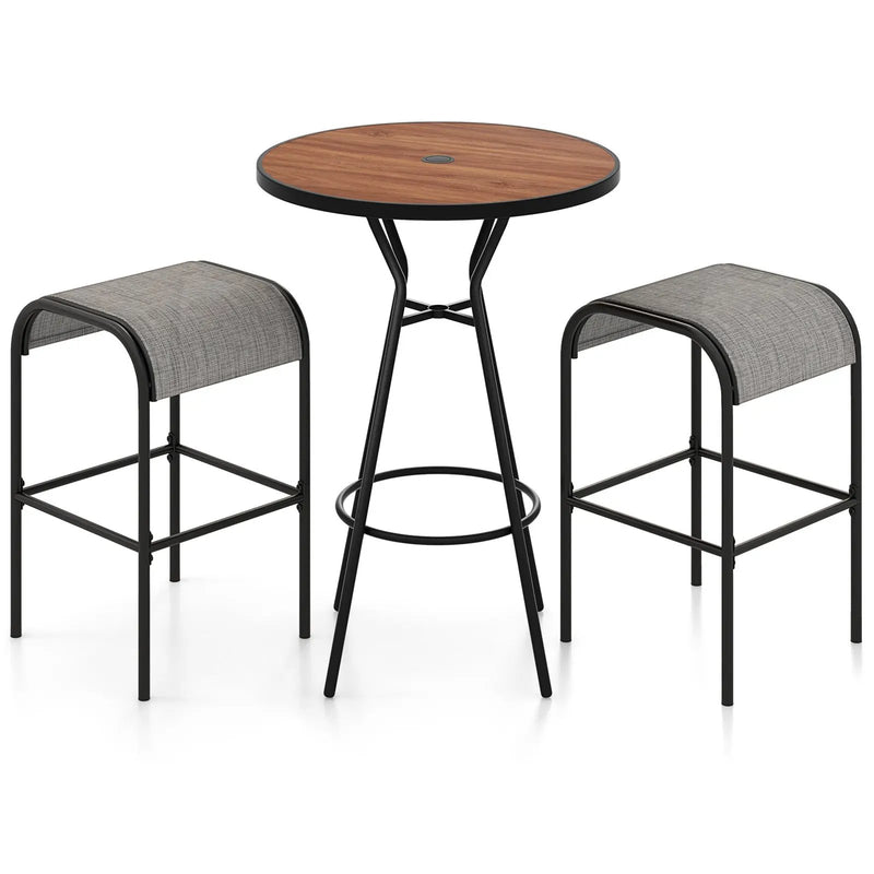 3 Pieces Outdoor Round Bar Table Set with 1.6 Inches Umbrella Hole by DirectDeals