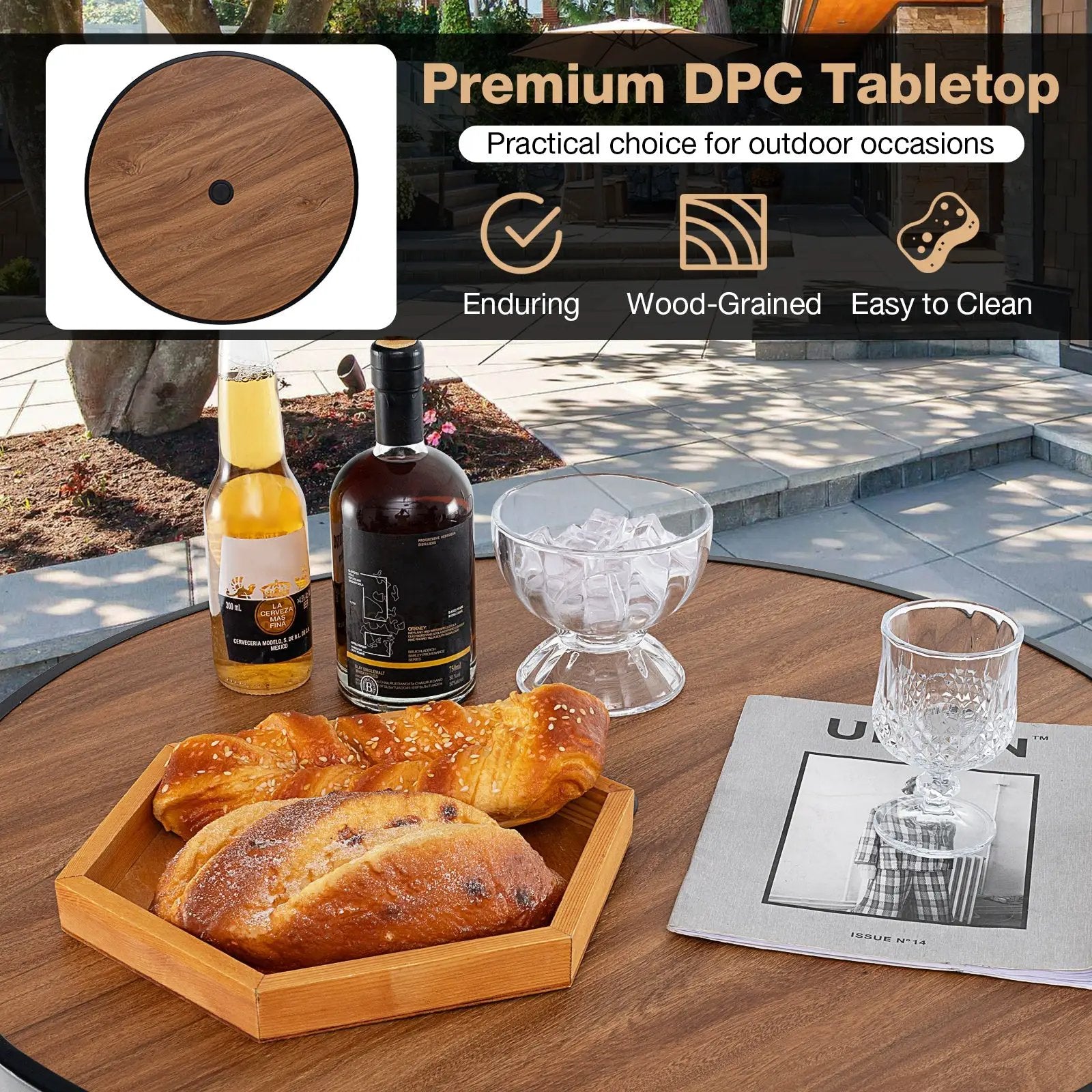 3 Pieces Outdoor Round Bar Table Set with 1.6 Inches Umbrella Hole by DirectDeals