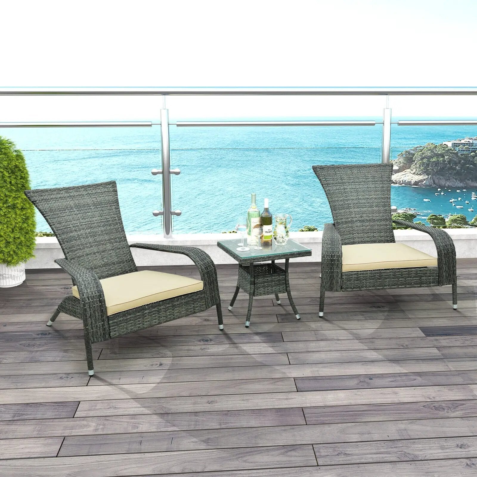 3-Piece Wicker Adirondack Set with Comfy Seat Cushions-Gray by DirectDeals