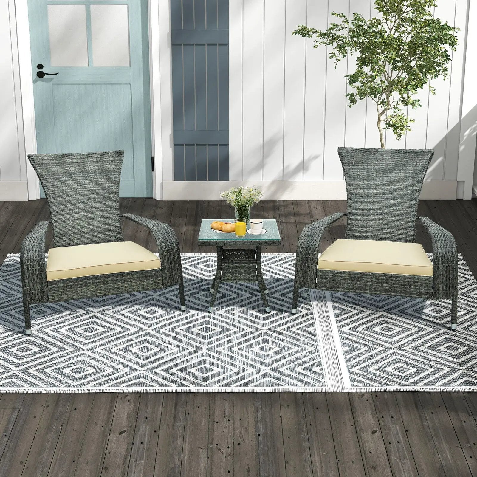 3-Piece Wicker Adirondack Set with Comfy Seat Cushions-Gray by DirectDeals