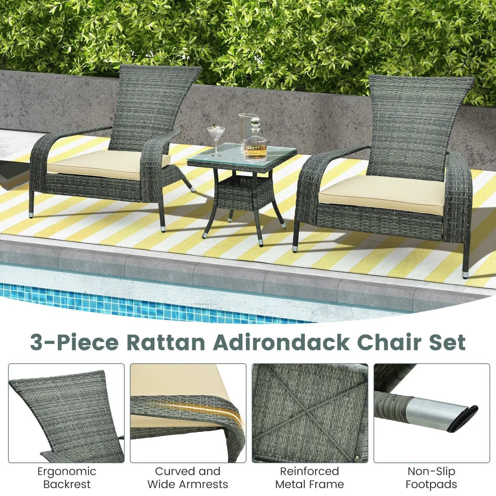 3-Piece Wicker Adirondack Set with Comfy Seat Cushions-Gray by DirectDeals