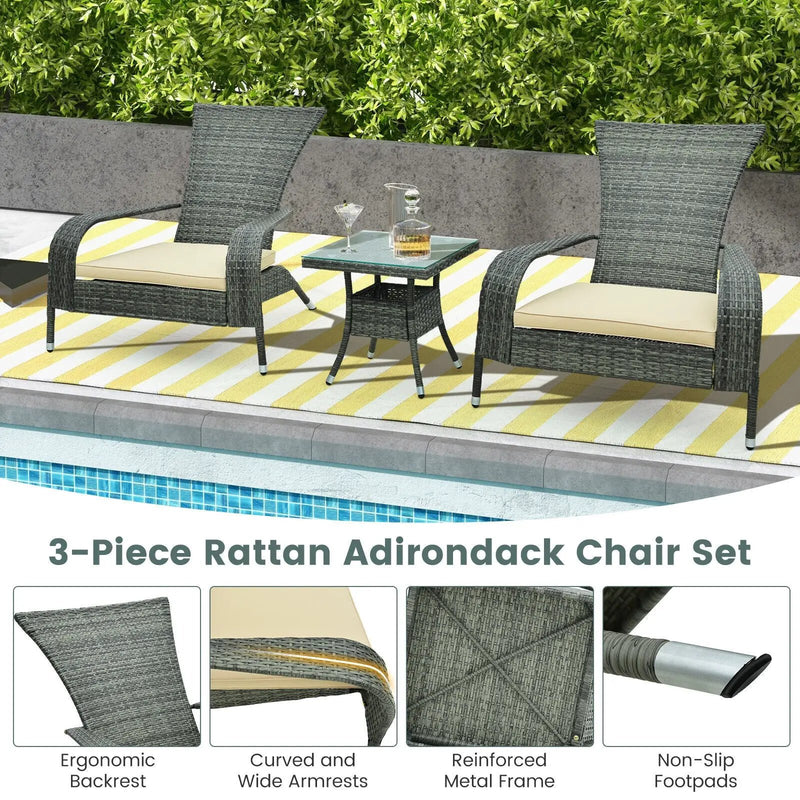 3-Piece Wicker Adirondack Set with Comfy Seat Cushions-Gray by DirectDeals