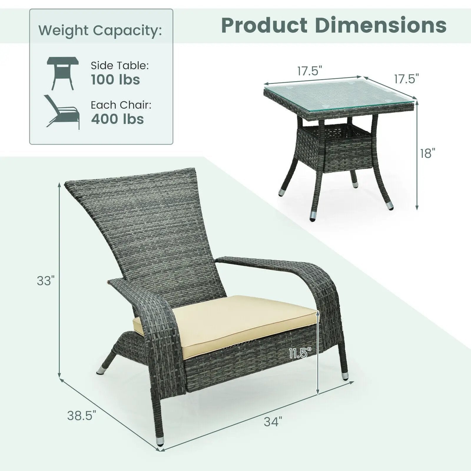 3-Piece Wicker Adirondack Set with Comfy Seat Cushions-Gray by DirectDeals