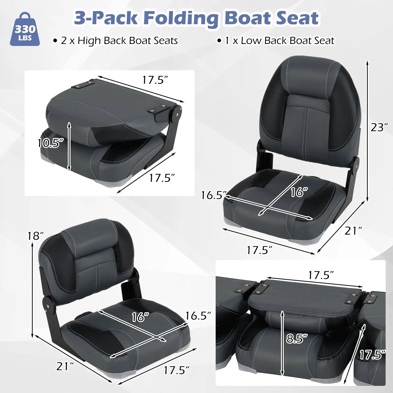 3-Pack Folding Boat Seats with 28D Soft Sponge Padding-Black by DirectDeals
