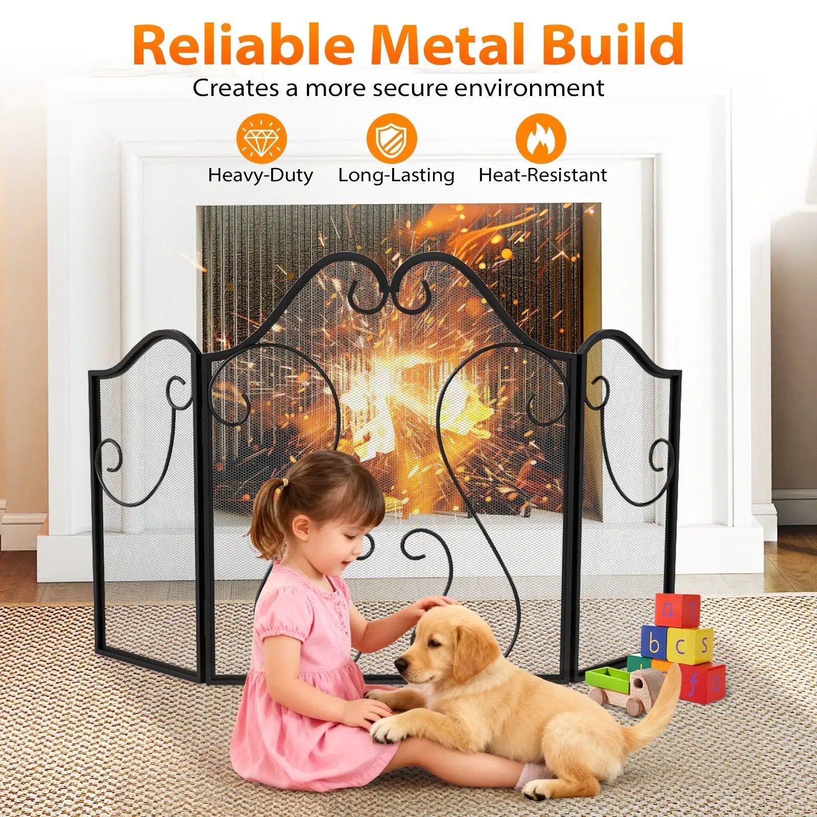 3 Panel Fireplace Screen Foldable Spark Guard Cover with Decorative Scroll by DirectDeals
