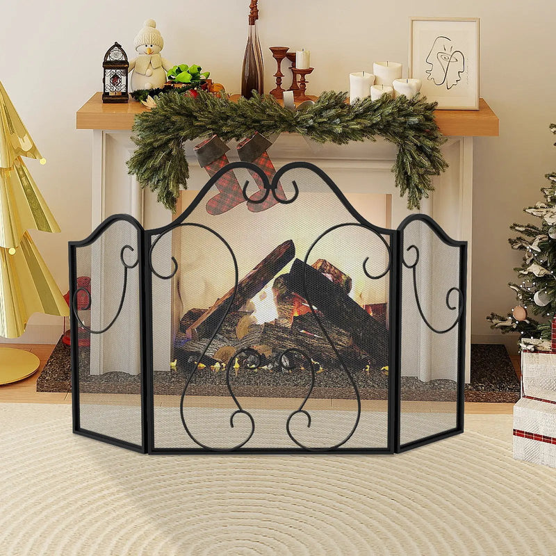3 Panel Fireplace Screen Foldable Spark Guard Cover with Decorative Scroll by DirectDeals