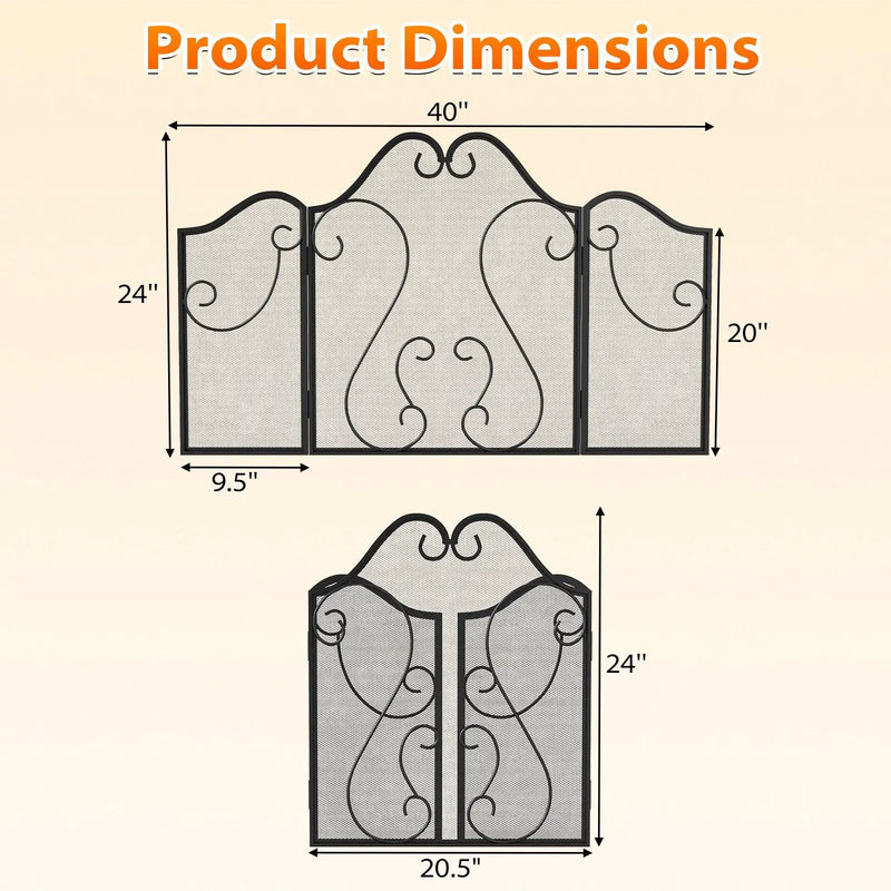 3 Panel Fireplace Screen Foldable Spark Guard Cover with Decorative Scroll by DirectDeals