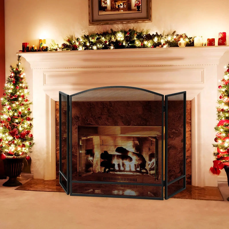 3-Panel Foldable Fireplace Screen with Wrought Metal Mesh-Black by DirectDeals