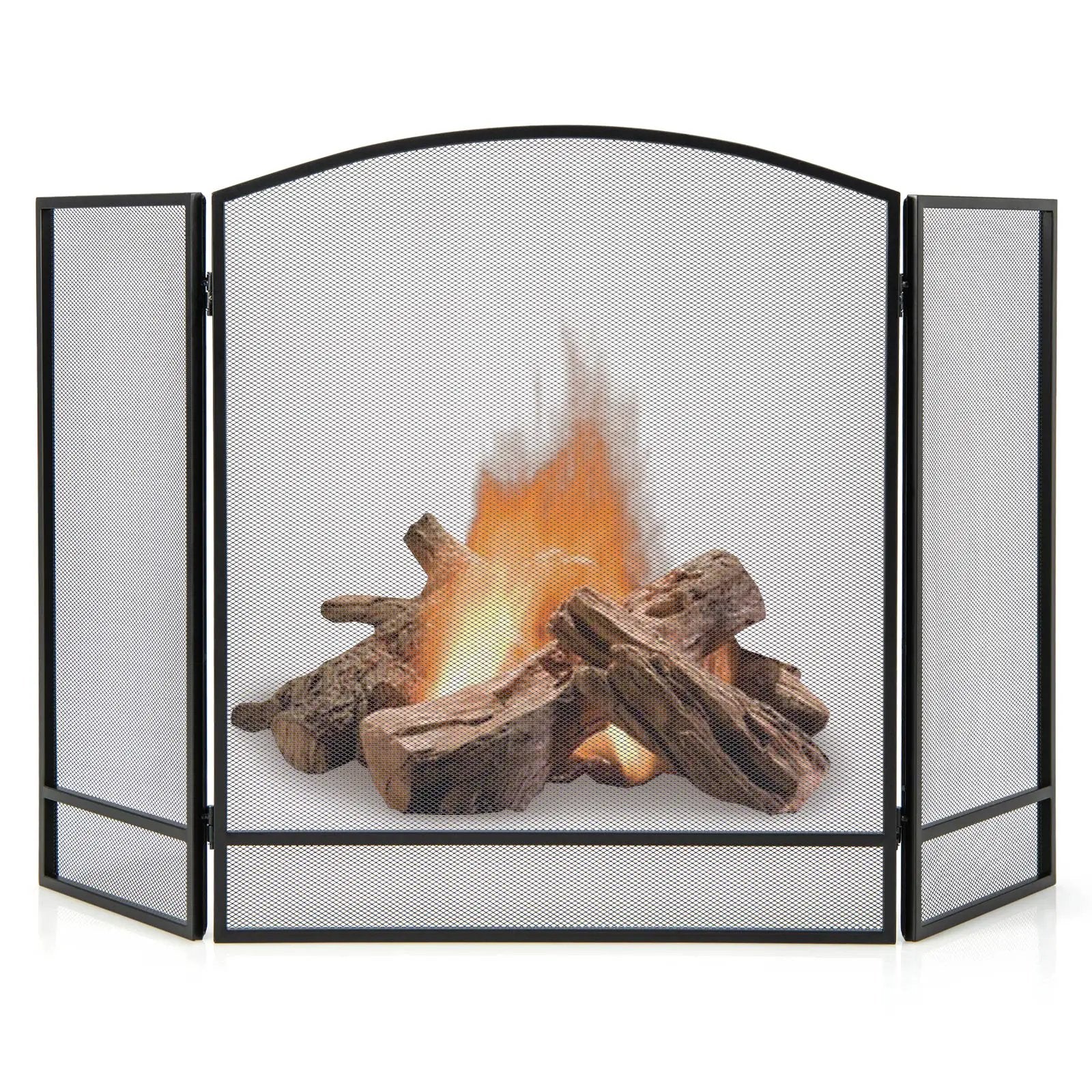 3-Panel Foldable Fireplace Screen with Wrought Metal Mesh-Black by DirectDeals