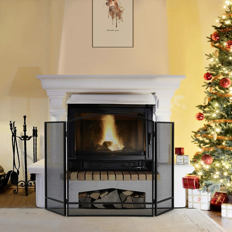 3-Panel Foldable Fireplace Screen with Wrought Metal Mesh-Black by DirectDeals