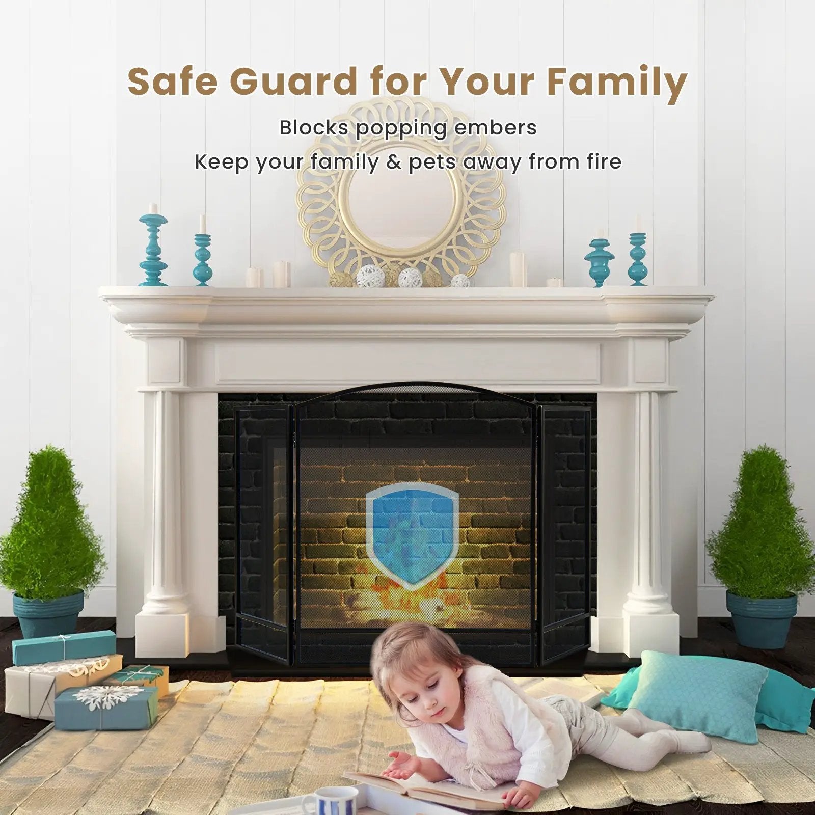 3-Panel Foldable Fireplace Screen with Wrought Metal Mesh-Black by DirectDeals