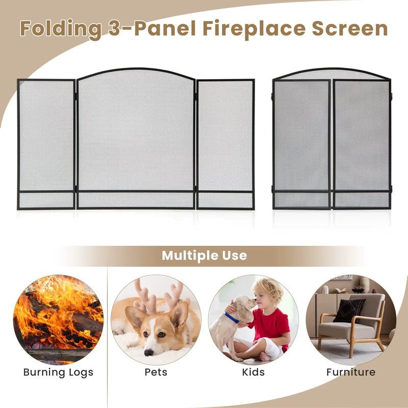3-Panel Foldable Fireplace Screen with Wrought Metal Mesh-Black by DirectDeals