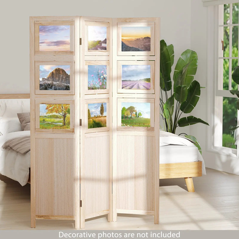 3 Panel Folding Privacy Screen with 9 Swivel Paulownia Wood Photo Frames-Natural by DirectDeals