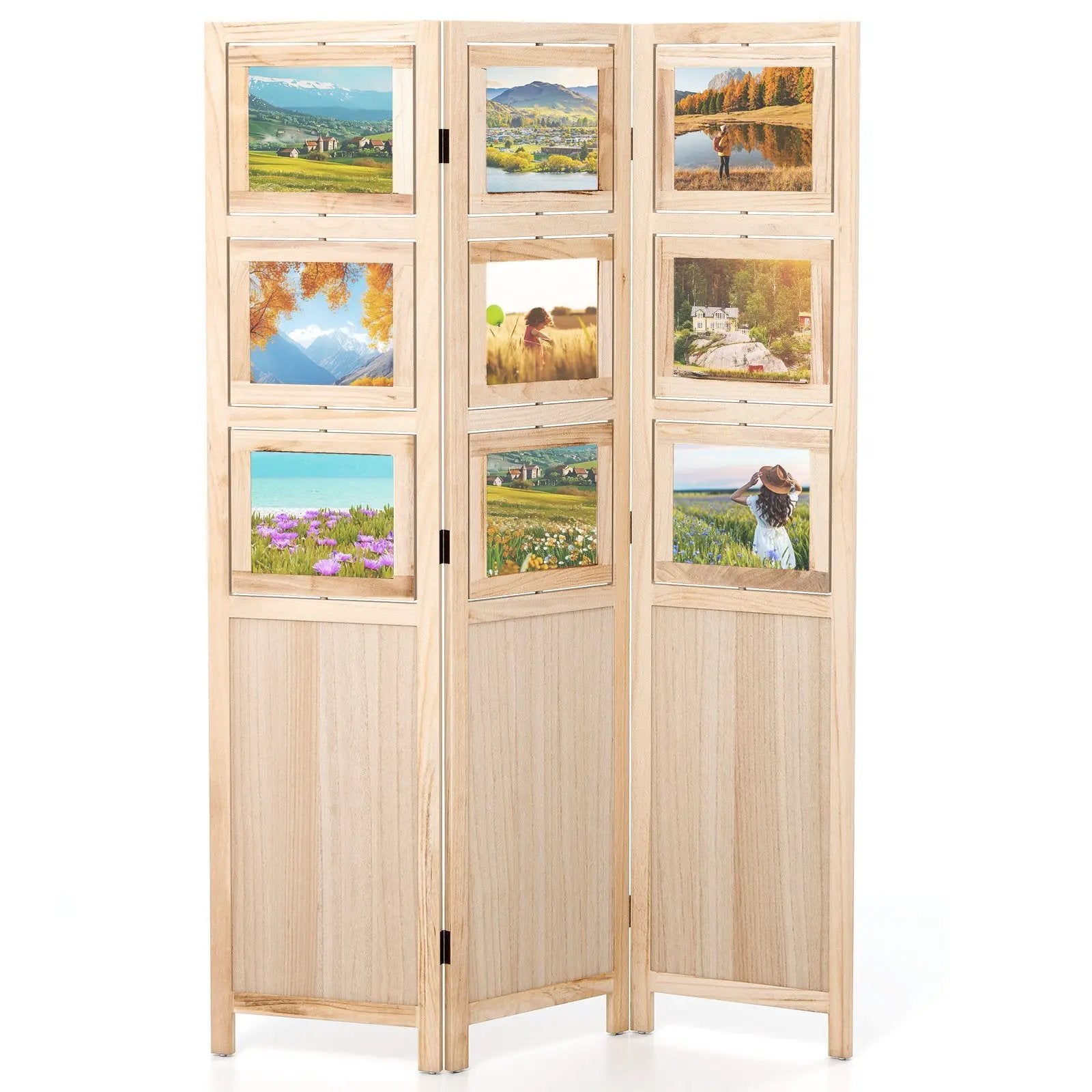3 Panel Folding Privacy Screen with 9 Swivel Paulownia Wood Photo Frames-Natural by DirectDeals