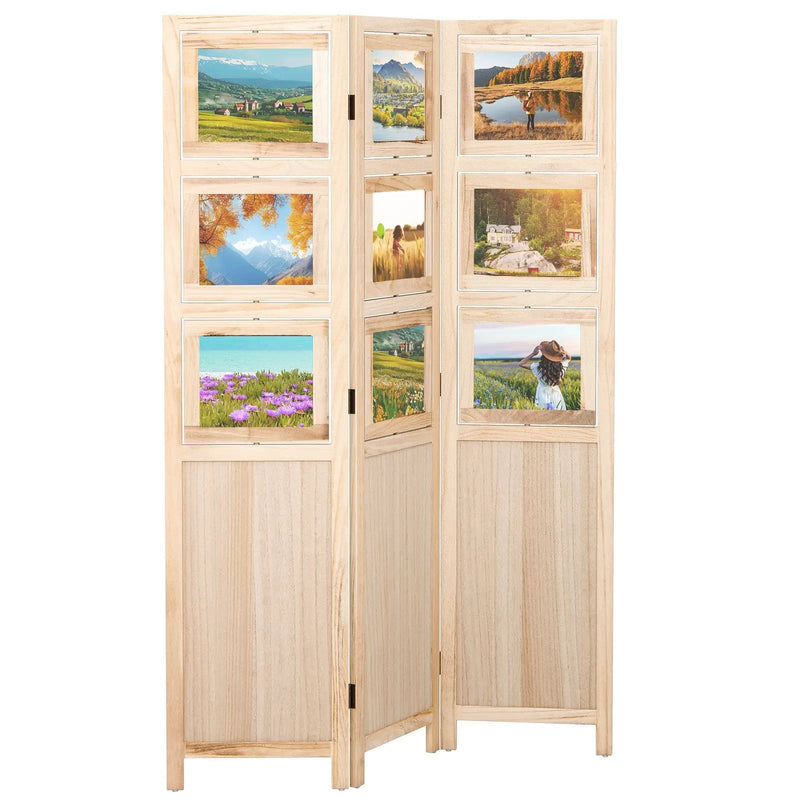 3 Panel Folding Privacy Screen with 9 Swivel Paulownia Wood Photo Frames-Natural by DirectDeals