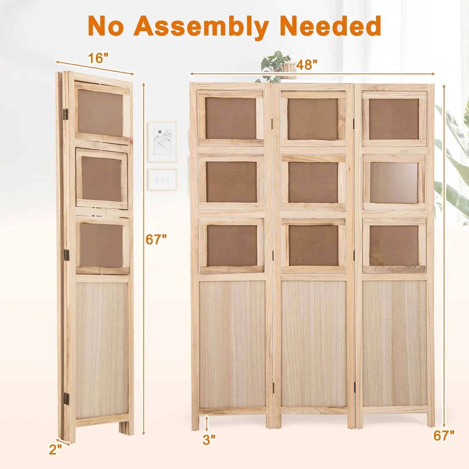 3 Panel Folding Privacy Screen with 9 Swivel Paulownia Wood Photo Frames-Natural by DirectDeals