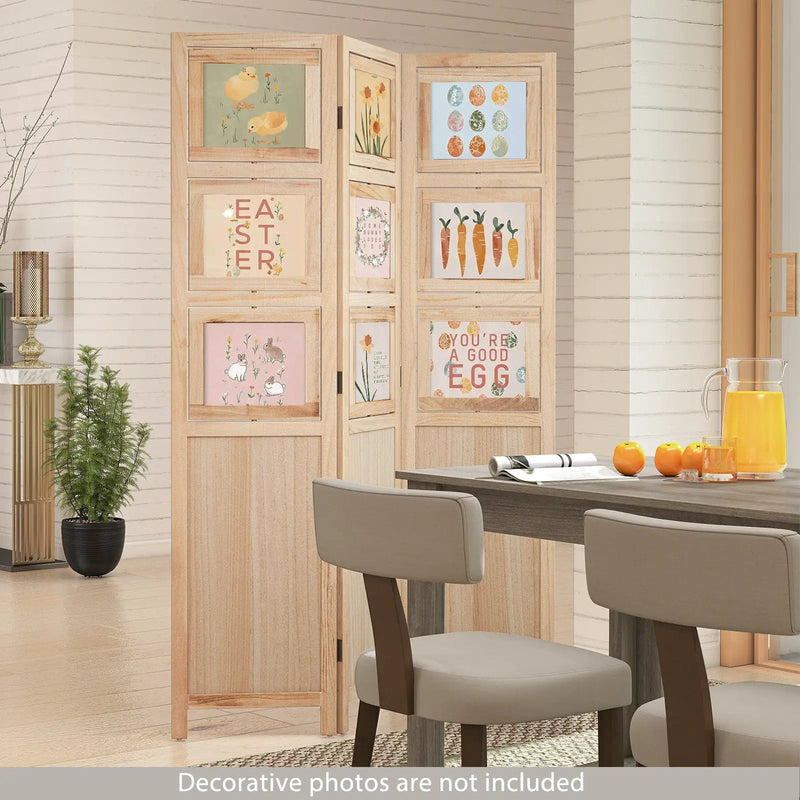3 Panel Folding Privacy Screen with 9 Swivel Paulownia Wood Photo Frames-Natural by DirectDeals