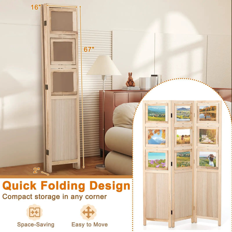 3 Panel Folding Privacy Screen with 9 Swivel Paulownia Wood Photo Frames-Natural by DirectDeals
