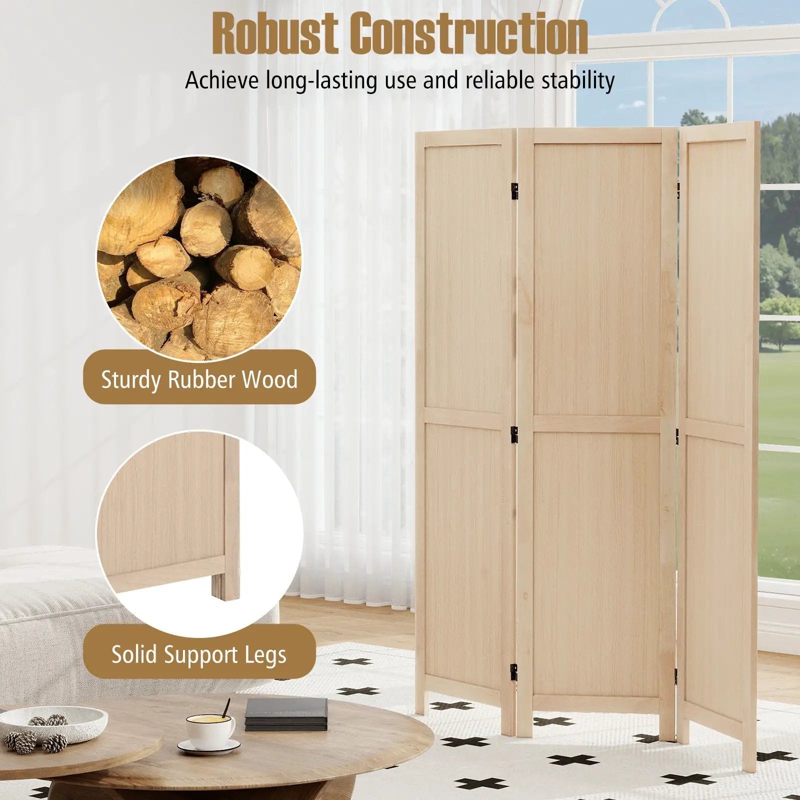 3 Panel Folding Room Divider for Home Office Bedroom Restaurant-Beige by DirectDeals