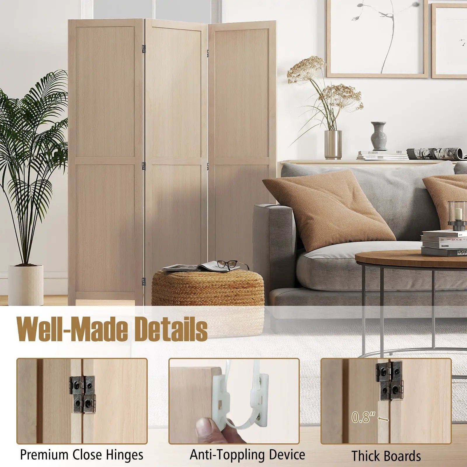 3 Panel Folding Room Divider for Home Office Bedroom Restaurant-Beige by DirectDeals